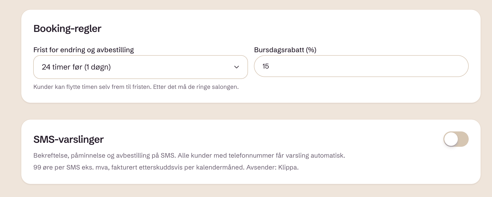 Innstillingene i Klippa: frist for endring og SMS-varslinger med pris per melding